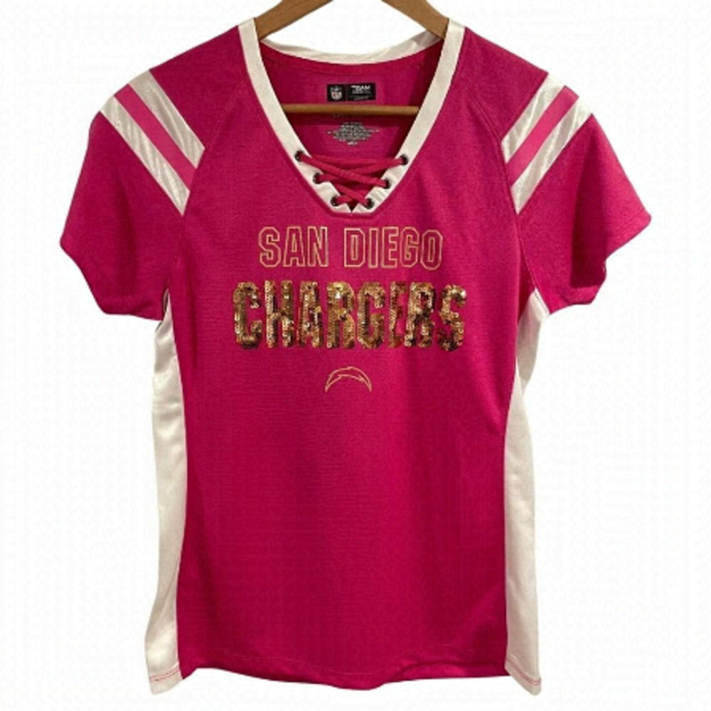 NWOT 🏈 Women’s San Diego CHARGERS Football Jersey Pink Gold Sequins Los Angeles